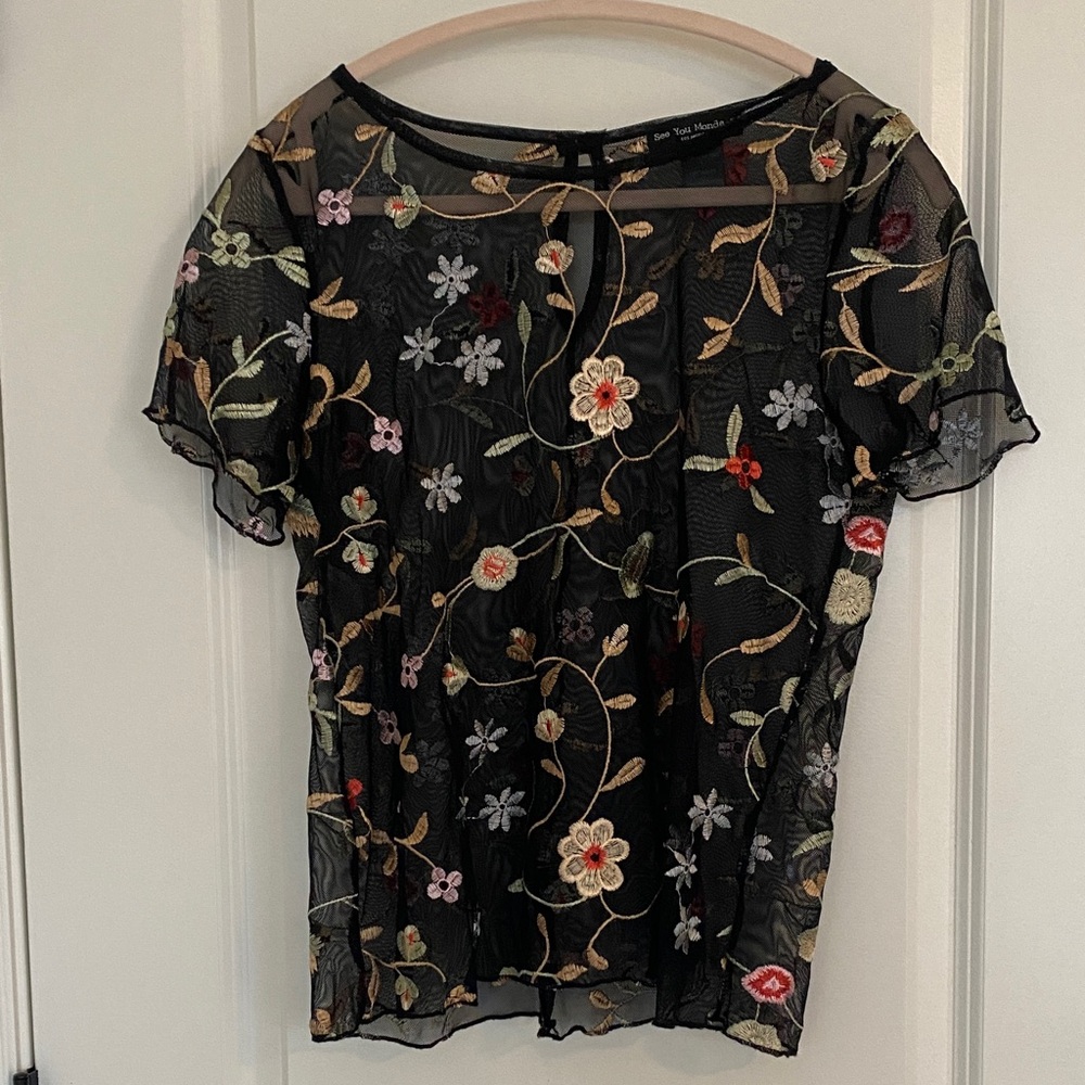 See you Monday Mesh/ Black Sheer embroidered Floral Blouse